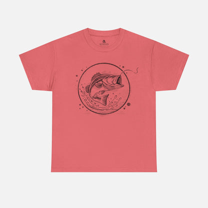 Bass Jumping Geometric Tee in coral on a white background, showcasing a dynamic fish design for outdoor adventurers and nature lovers.