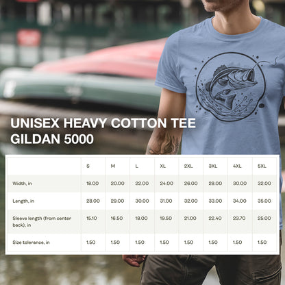 Size chart for Bass Jumping Geometric Tee, providing detailed measurements for a comfortable and relaxed fit.