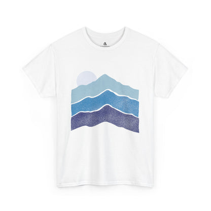 Blue Mountain Ridge Fade T-Shirt laid flat on white background, front view, in whte.