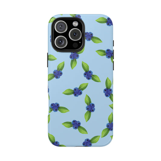 Front view of Blueberry Pattern Phone Case on white background, featuring a vibrant repeating blueberry design with a glossy finish.