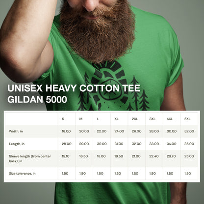 Boot Print Compass Forest T-Shirt size chart showing unisex fit details and garment measurements.