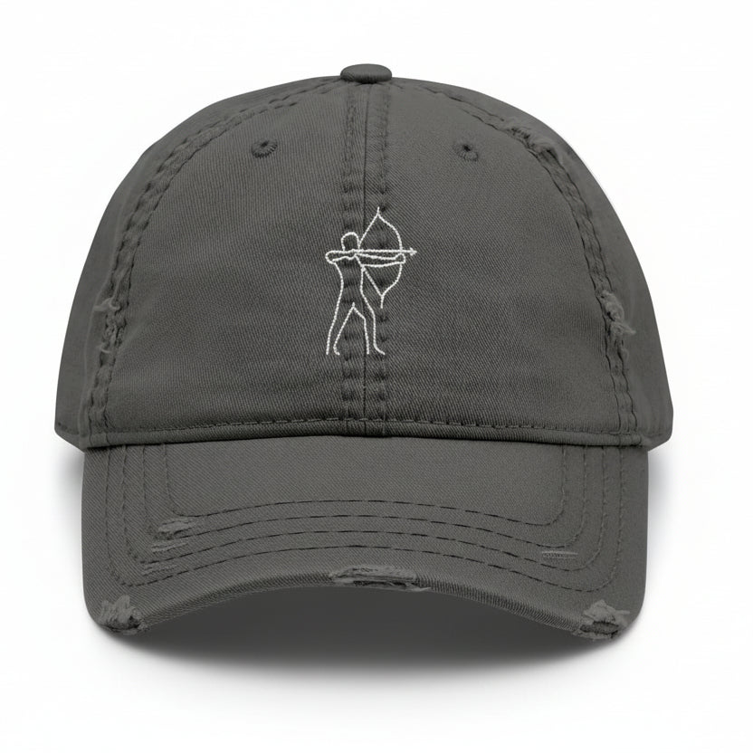 Front view of the Bow Addict Dad Hat in charcoal grey fabric, featuring a minimalist one-line drawing of an archer embroidered on soft cotton twill.