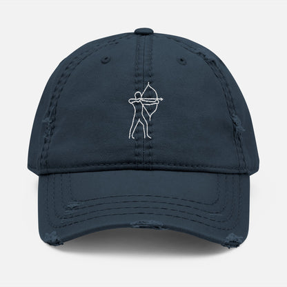 Front view of the Bow Addict Dad Hat in navy fabric, featuring a minimalist one-line drawing of an archer embroidered on soft cotton twill.
