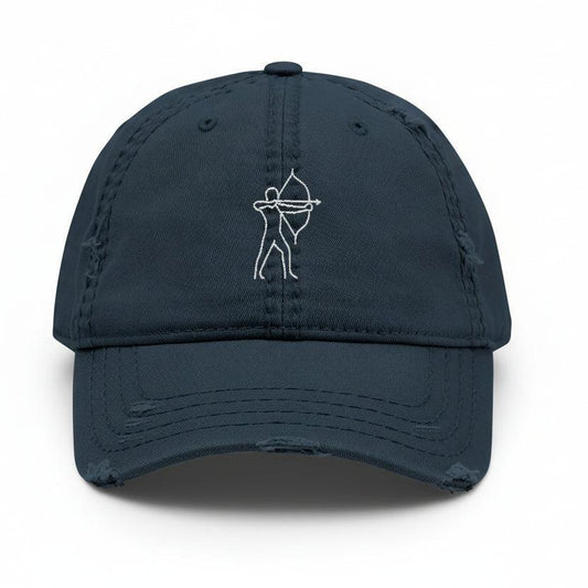 Front view of the Bow Addict Dad Hat in navy fabric, featuring a minimalist one-line drawing of an archer embroidered on soft cotton twill.