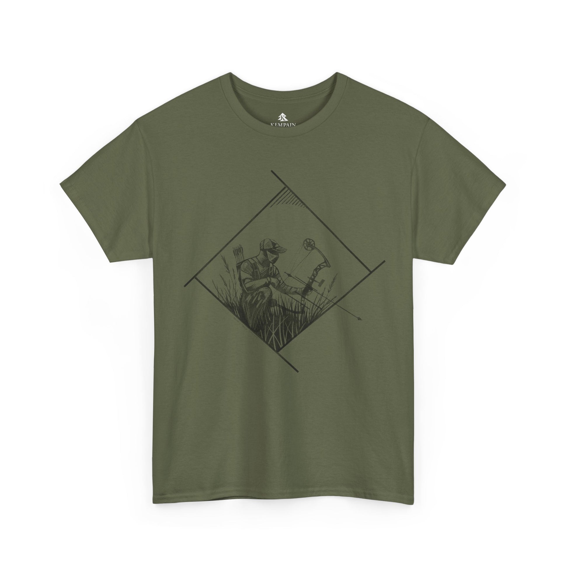 Bow Hunter Geometric Tee in military green on a white background, showcasing a rugged hunting-inspired design for bowhunters by Kempain, 100 percent cotton, available in sizes Small through 5XL.