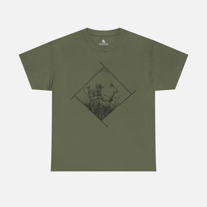 Bow Hunter Geometric Tee in military green on a white background, showcasing a rugged hunting-inspired design for bowhunters and nature lovers.