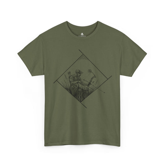 Bow Hunter Geometric Tee in military green on a white background, showcasing a rugged hunting-inspired design for bowhunters by Kempain, 100 percent cotton, available in sizes Small through 5XL.