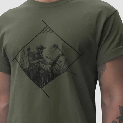 Model wearing Bow Hunter Geometric Tee, featuring a bold illustration of a kneeling bow hunter, perfect for archery enthusiasts by Kempain Family Outfitters.