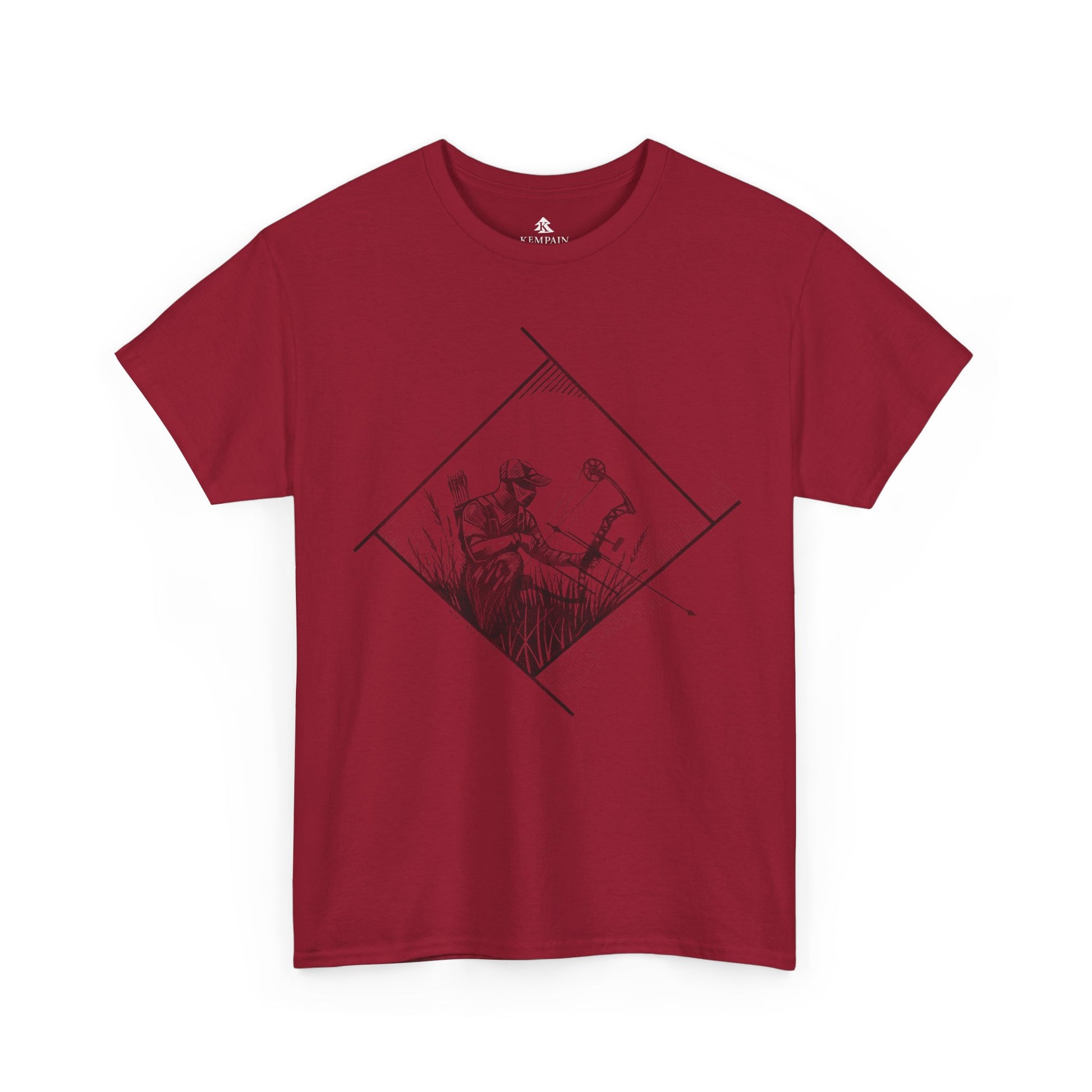 Bow Hunter Geometric Tee in red on a white background, showcasing a rugged hunting-inspired design for bowhunters by Kempain, 100 percent cotton, available in sizes Small through 5XL.
