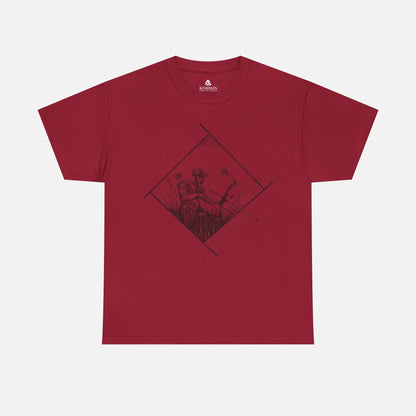 Bow Hunter Geometric Tee in red on a white background, showcasing a rugged hunting-inspired design for bowhunters and nature lovers.