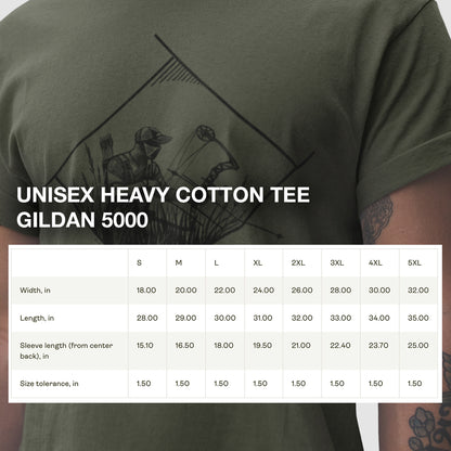 Size chart for Bow Hunter Geometric Tee, providing detailed measurements for a comfortable and relaxed fit.