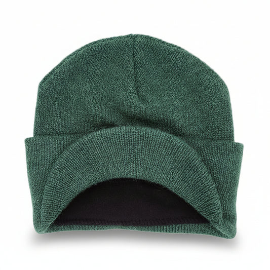 Green knit beanie on a white background