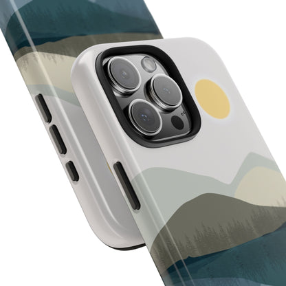 Close-up view of the camera area on an iPhone phone case featuring an abstract mountain and lake reflection illustration, showcasing the precise cutout and design details.