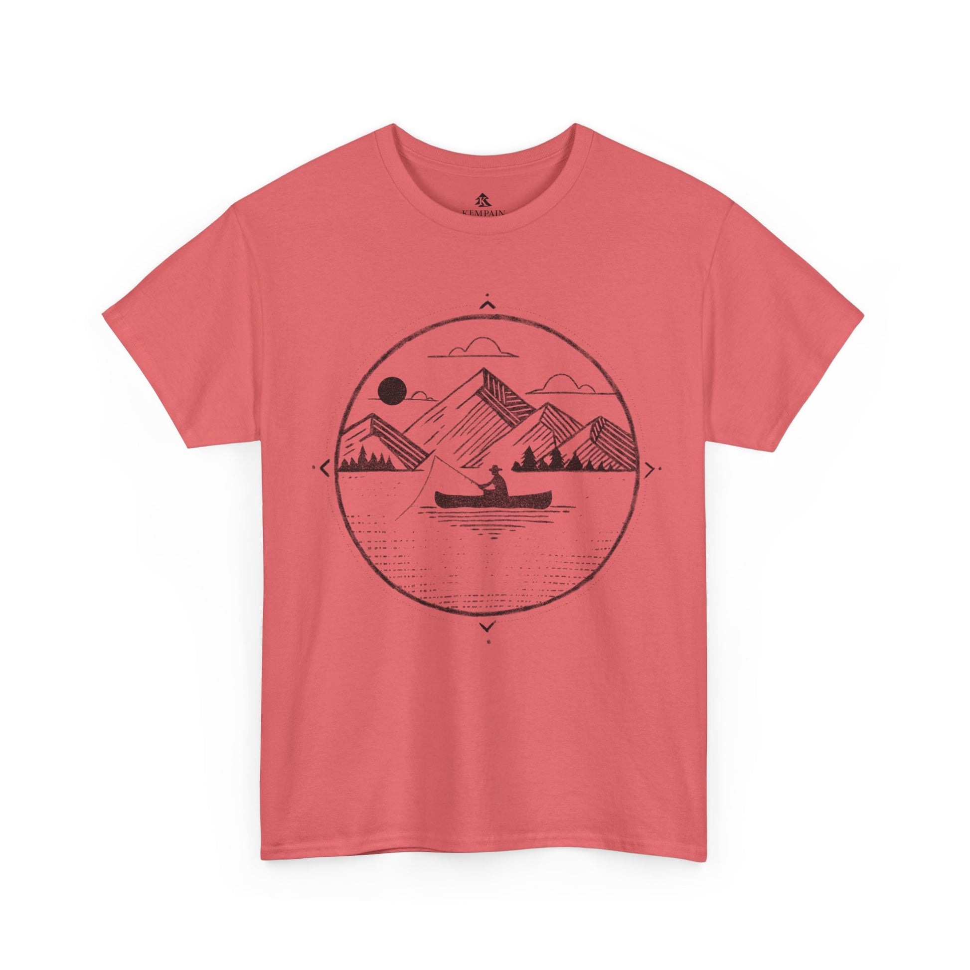 Canoe Fishing T-Shirt in coral on a white background, showcasing a peaceful fishing and nature-inspired design for those who love the water.
