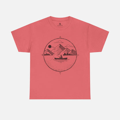 Canoe Fishing T-Shirt in coral on a white background, showcasing a peaceful fishing and nature-inspired design for those who love the water.