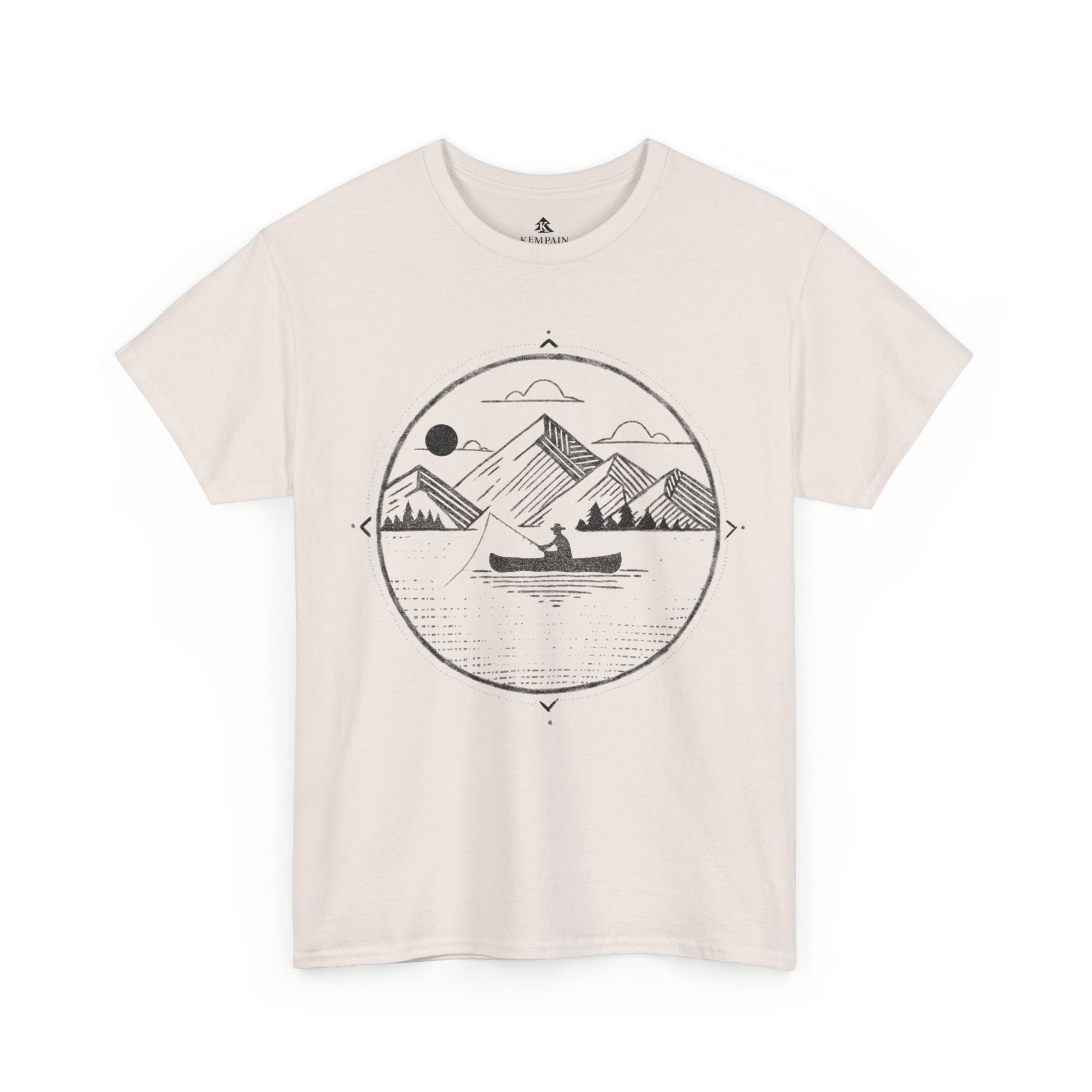 Canoe Fishing T-Shirt in ice grey on a white background, showcasing a peaceful fishing and nature-inspired design for those who love the water.