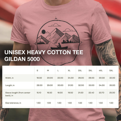 Size chart for Canoe Fishing T-Shirt, providing detailed measurements for a comfortable and relaxed fit.