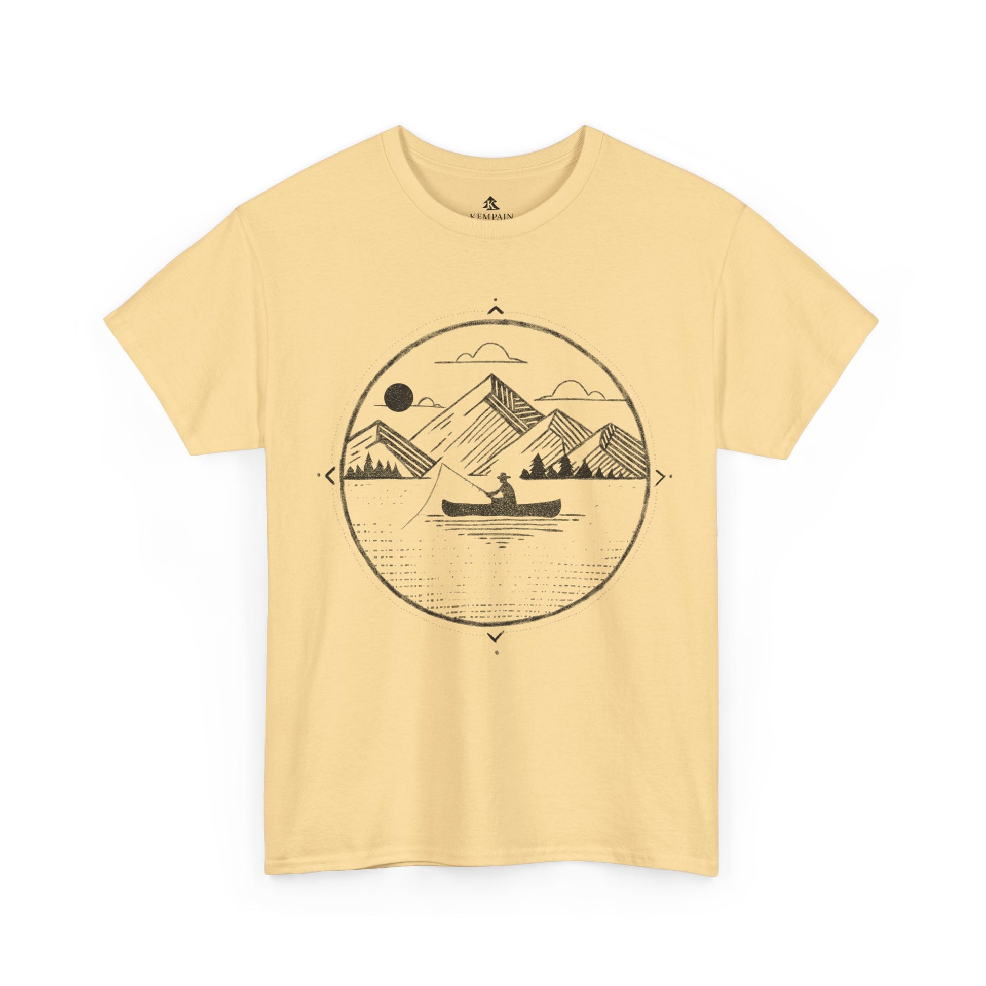 Canoe Fishing T-Shirt in yellow on a white background, showcasing a peaceful fishing and nature-inspired design for those who love the water.