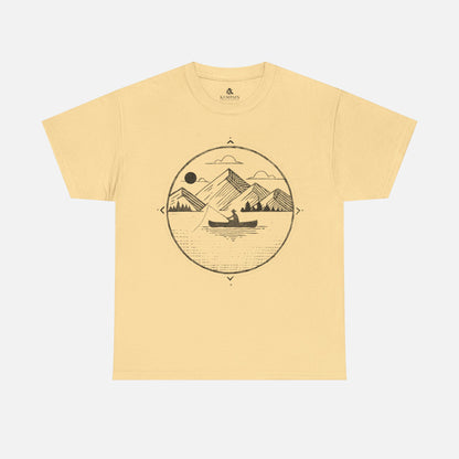 Canoe Fishing T-Shirt in yellow on a white background, showcasing a peaceful fishing and nature-inspired design for those who love the water.