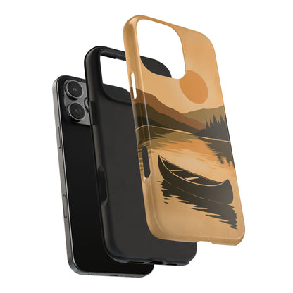 Exploded view of Canoe on Still Lake Phone Case showing durable rubber liner and hard outer shell for full protection.