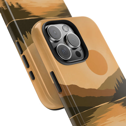 Canoe on Still Lake Phone Case featuring a peaceful lake scene with a canoe and forest reflection, shown on a white background with a close up view and angle.