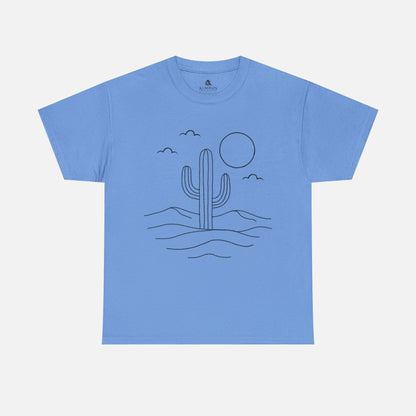 Carolina Blue Minimalist Desert Cactus Line Art T-Shirt displayed on white background, showing simple cactus, sun, and cloud illustration.