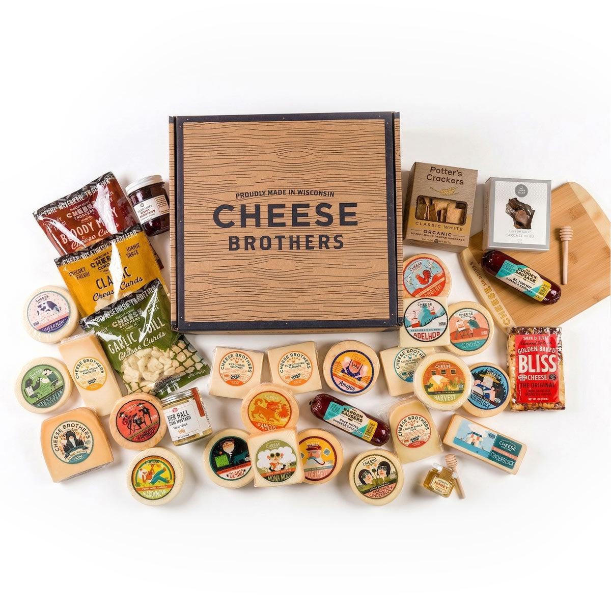 Ultimate Wisconsin Cheese Heritage Gift Box with 15-Year Aged Cheddar, 17 Artisan Blocks, Curds, and Bamboo Board.