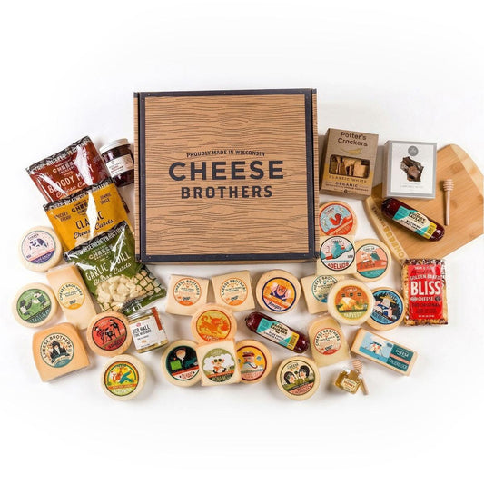 Ultimate Wisconsin Cheese Heritage Gift Box with 15-Year Aged Cheddar, 17 Artisan Blocks, Curds, and Bamboo Board.