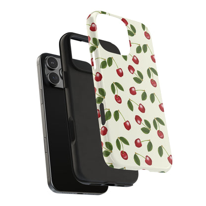 Exploded view of Cherry Pattern Phone Case showing the high-strength Lexan shell and shock-absorbing rubber liner for durable protection.
