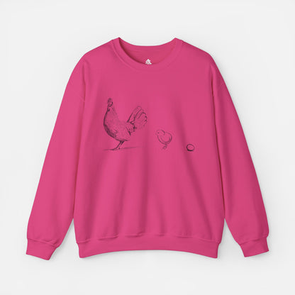 Pink chicken mom crewneck sweatshirt on white background. Chicken, Chick, and Egg graphic top.