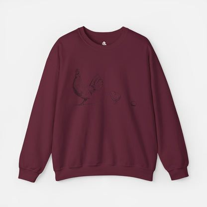 Maroon chicken mom crewneck sweatshirt on white background. Chicken, Chick, and Egg graphic top.