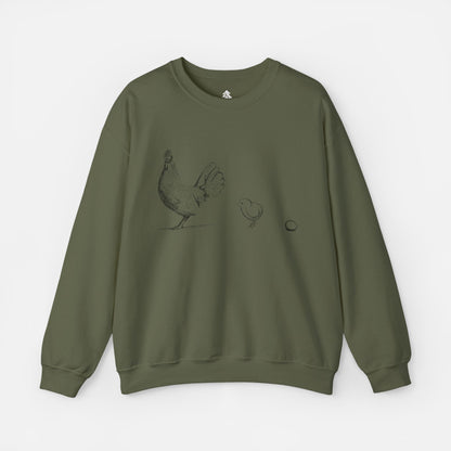 Military Green chicken mom crewneck sweatshirt on white background. Chicken, Chick, and Egg graphic top.