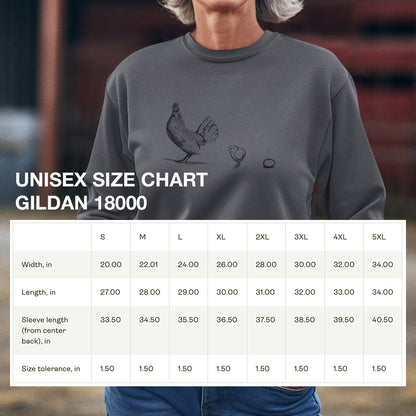 Image of chicken mom crewneck sweatshirt size chart. Featuring Chicken, Chick, and Egg graphic top.