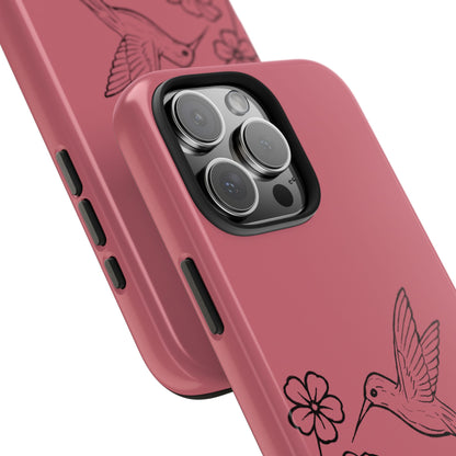 Hummingbird & Flowers Phone Case with black pen floral and bird illustration on white background, minimalist nature design up close view showing button and camera cutouts. 
