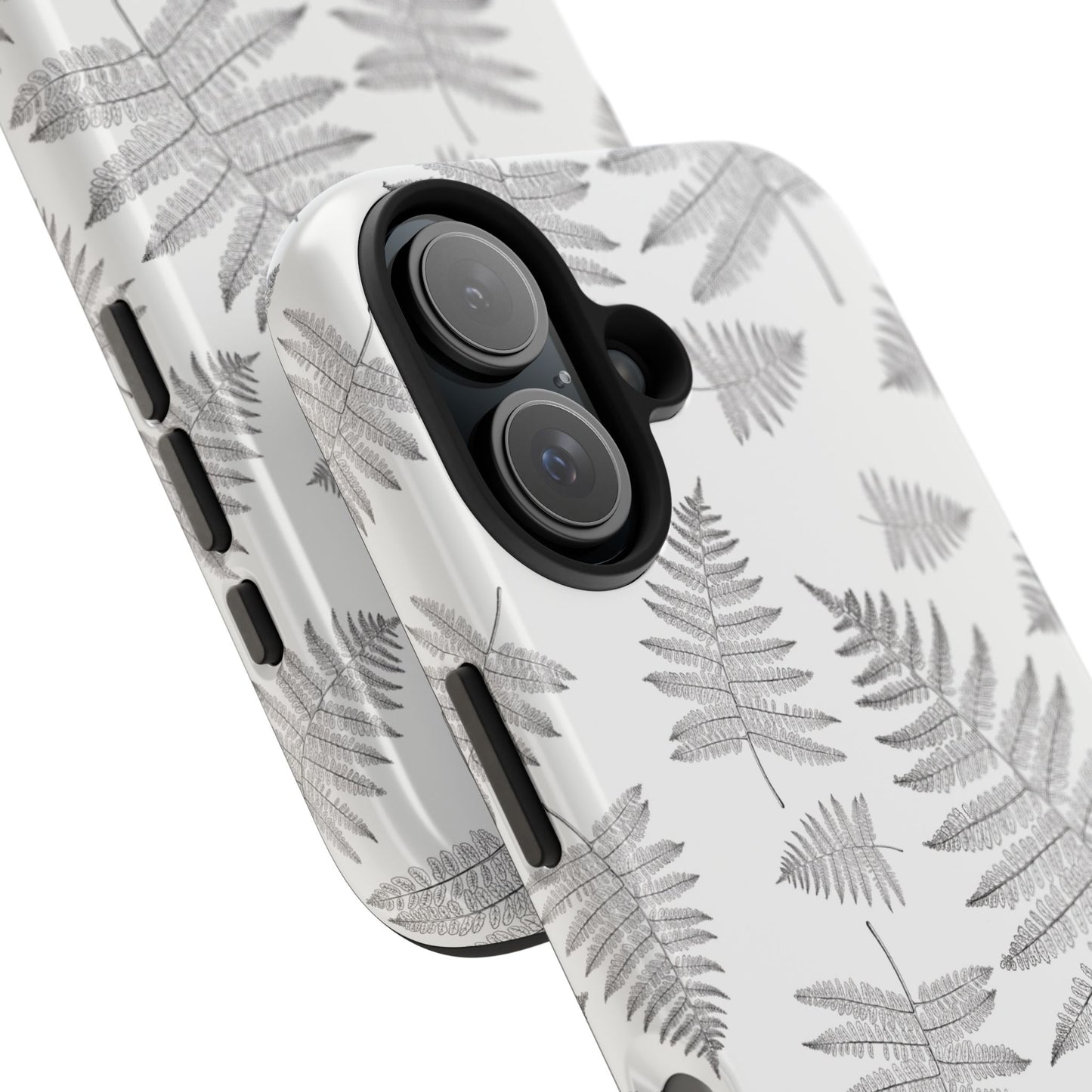 Close-up view of the camera cutout on a phone case featuring a fern leaf pattern, designed for iPhone and Samsung models, showcasing the precise fit and intricate botanical design.