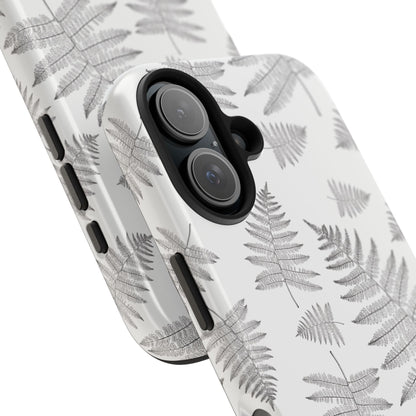 Close-up view of the camera cutout on a phone case featuring a fern leaf pattern, designed for iPhone and Samsung models, showcasing the precise fit and intricate botanical design.