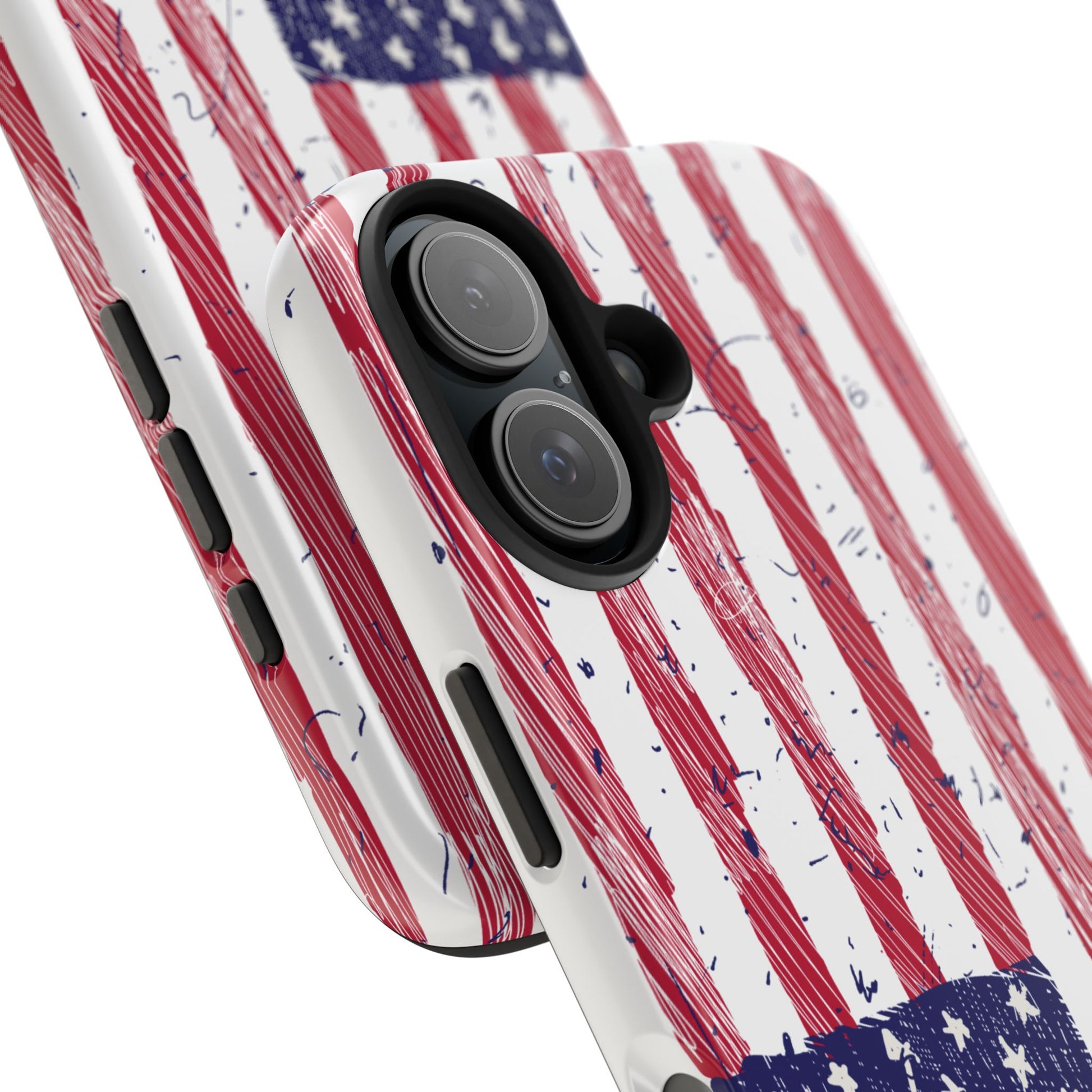 Close-up view of an iPhone and Samsung phone case with a detailed illustrated American flag design, showcasing its vibrant colors and unique style.