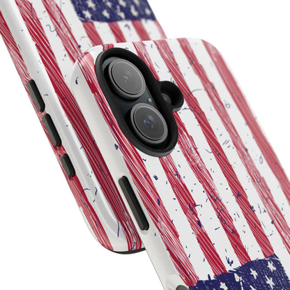 Close-up view of an iPhone and Samsung phone case with a detailed illustrated American flag design, showcasing its vibrant colors and unique style.