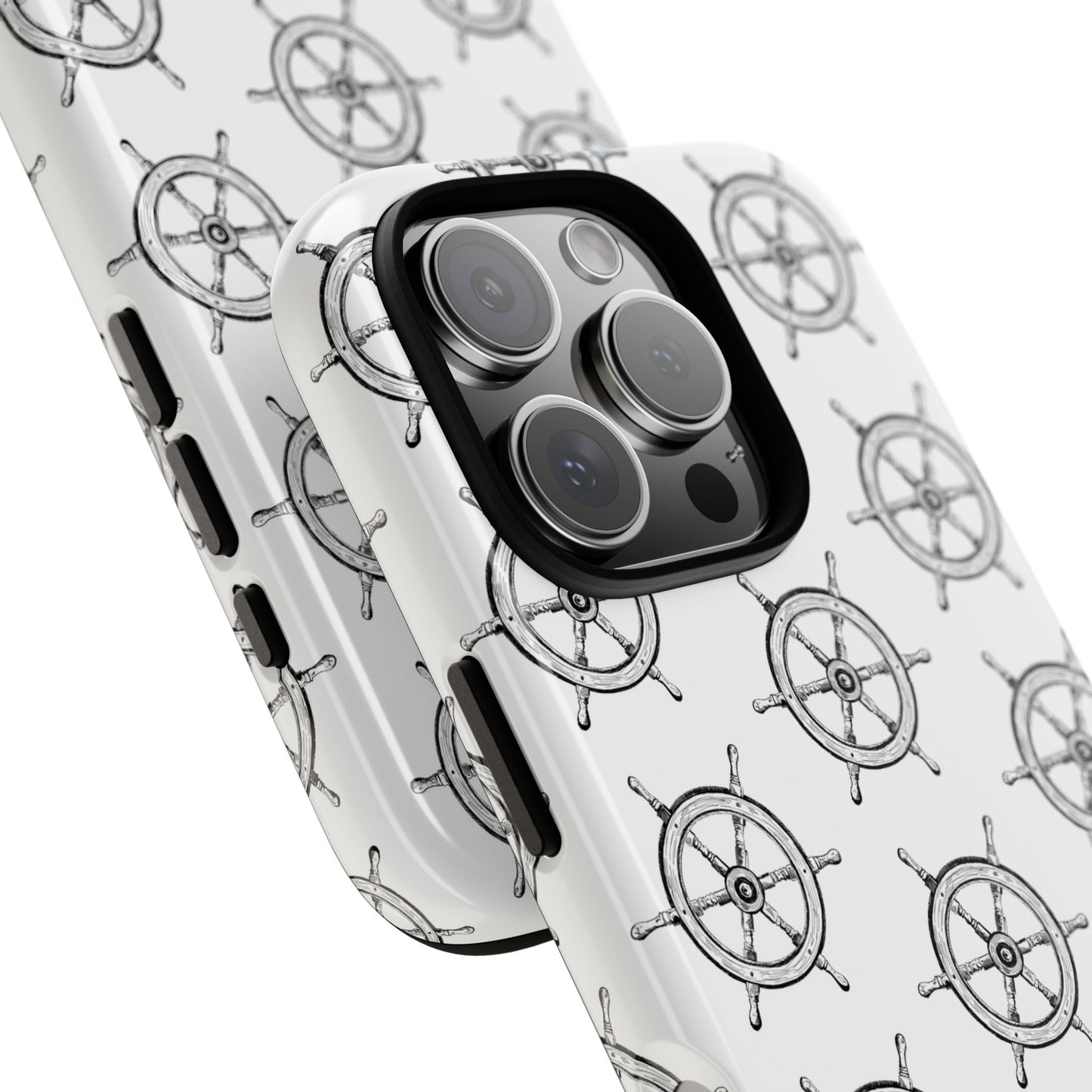 Close-up view of the camera cutout on a phone case featuring an old shipwheel pattern, designed for iPhone and Samsung models, showcasing the precise fit and nautical design details.