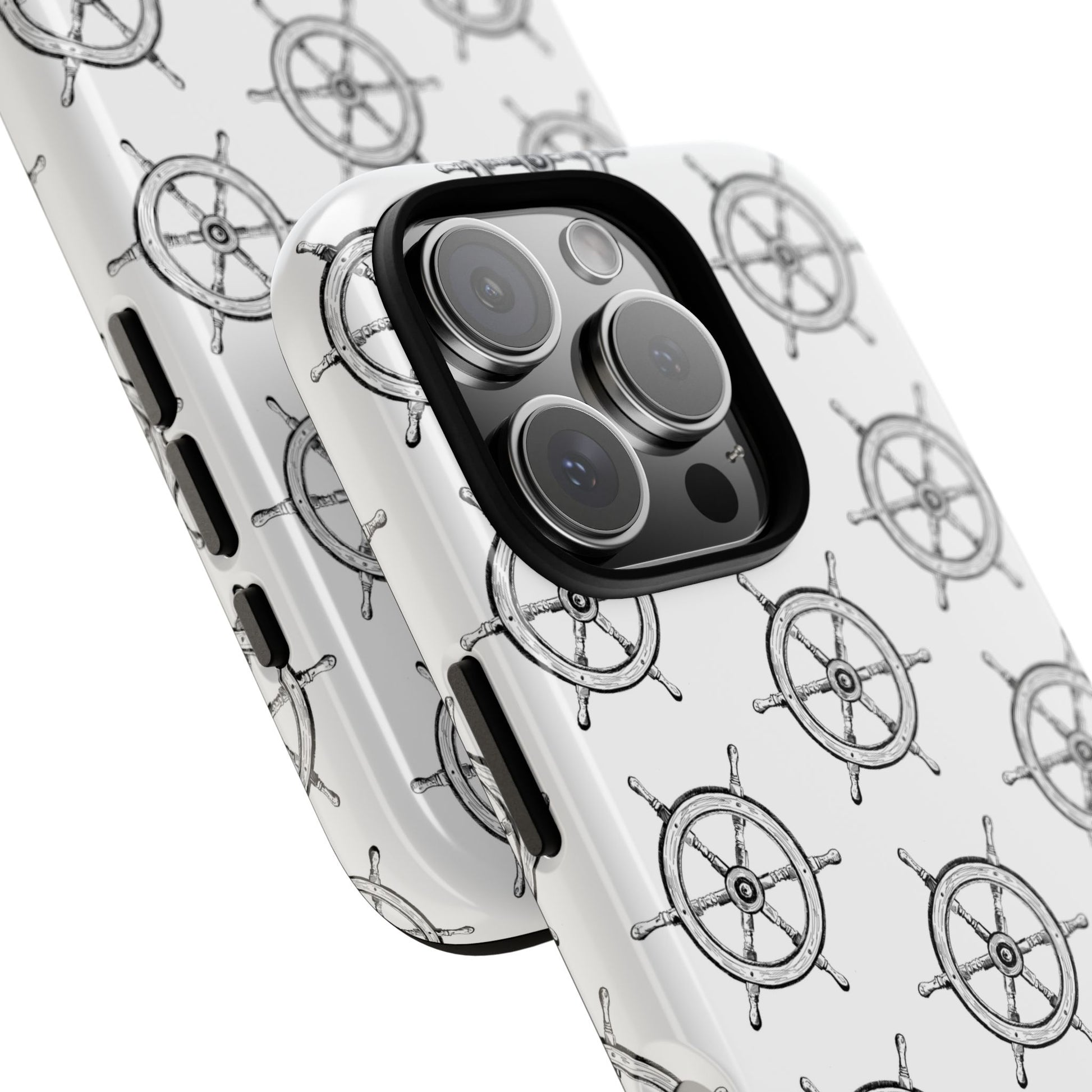 Close-up view of the camera cutout on a phone case featuring an old shipwheel pattern, designed for iPhone and Samsung models, showcasing the precise fit and nautical design details.