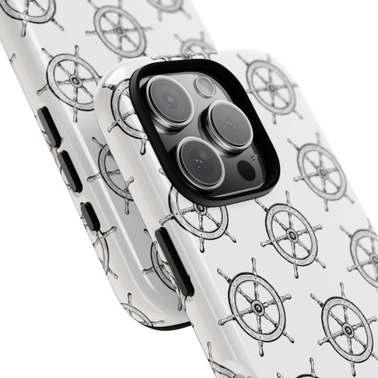 Close-up view of the camera cutout on a phone case featuring an old shipwheel pattern, designed for iPhone and Samsung models, showcasing the precise fit and nautical design details.