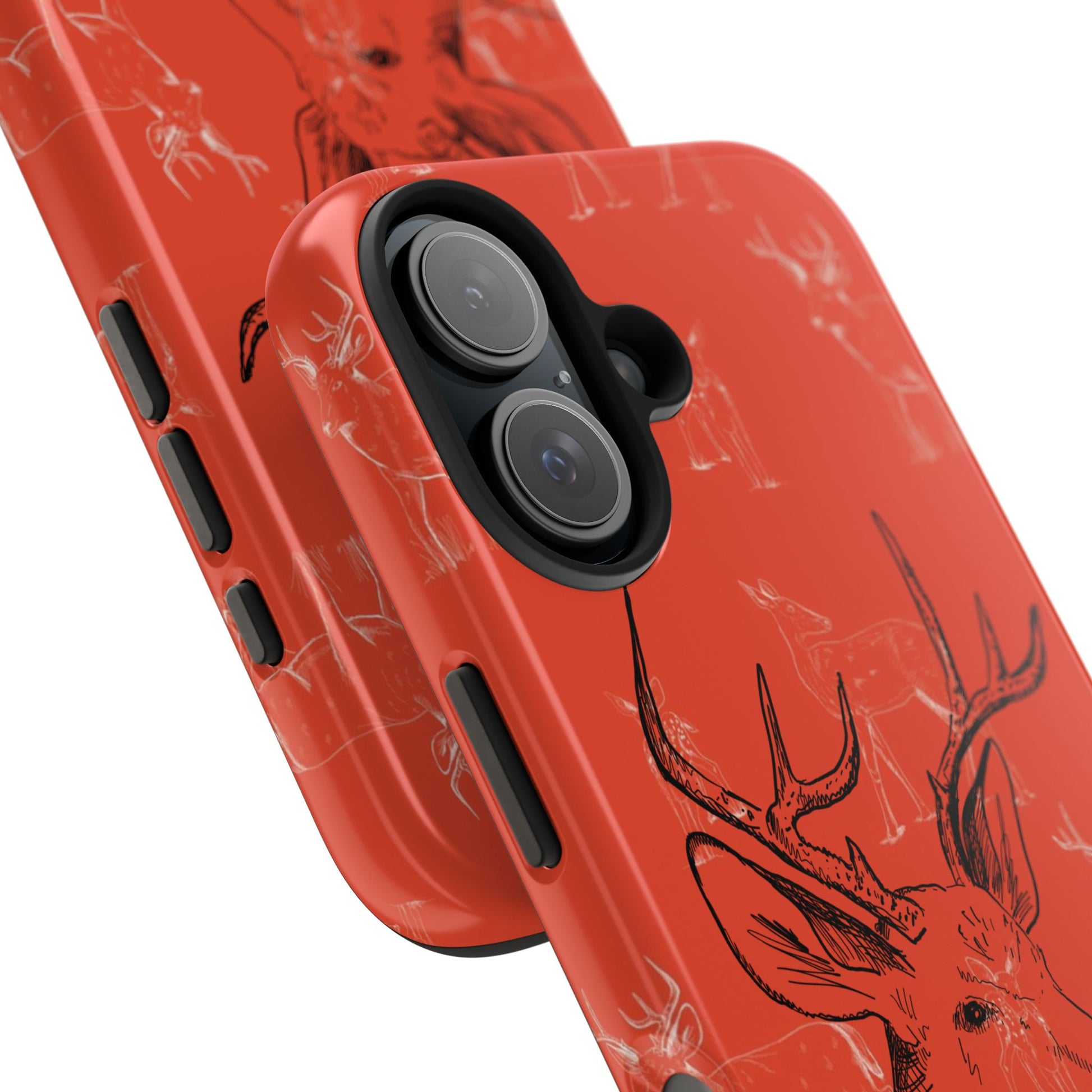 Close up view of phone case for iPhone and Samsung models featuring a hunter orange background with a detailed buck and antlers design, perfect for outdoor and hunting enthusiasts.