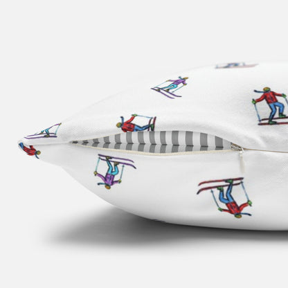 Close-up view of the zipper area on a pillow case featuring an illustrated skier pattern, showcasing the quality and detailed design of the 'Carving the Slopes' winter sports theme.