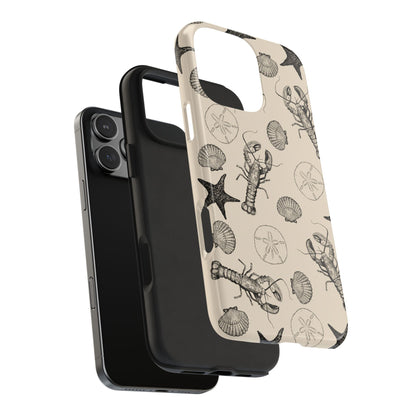 Exploded view of Coastal Shells Phone Case showing the impact-resistant hard shell and inner rubber liner for premium phone protection