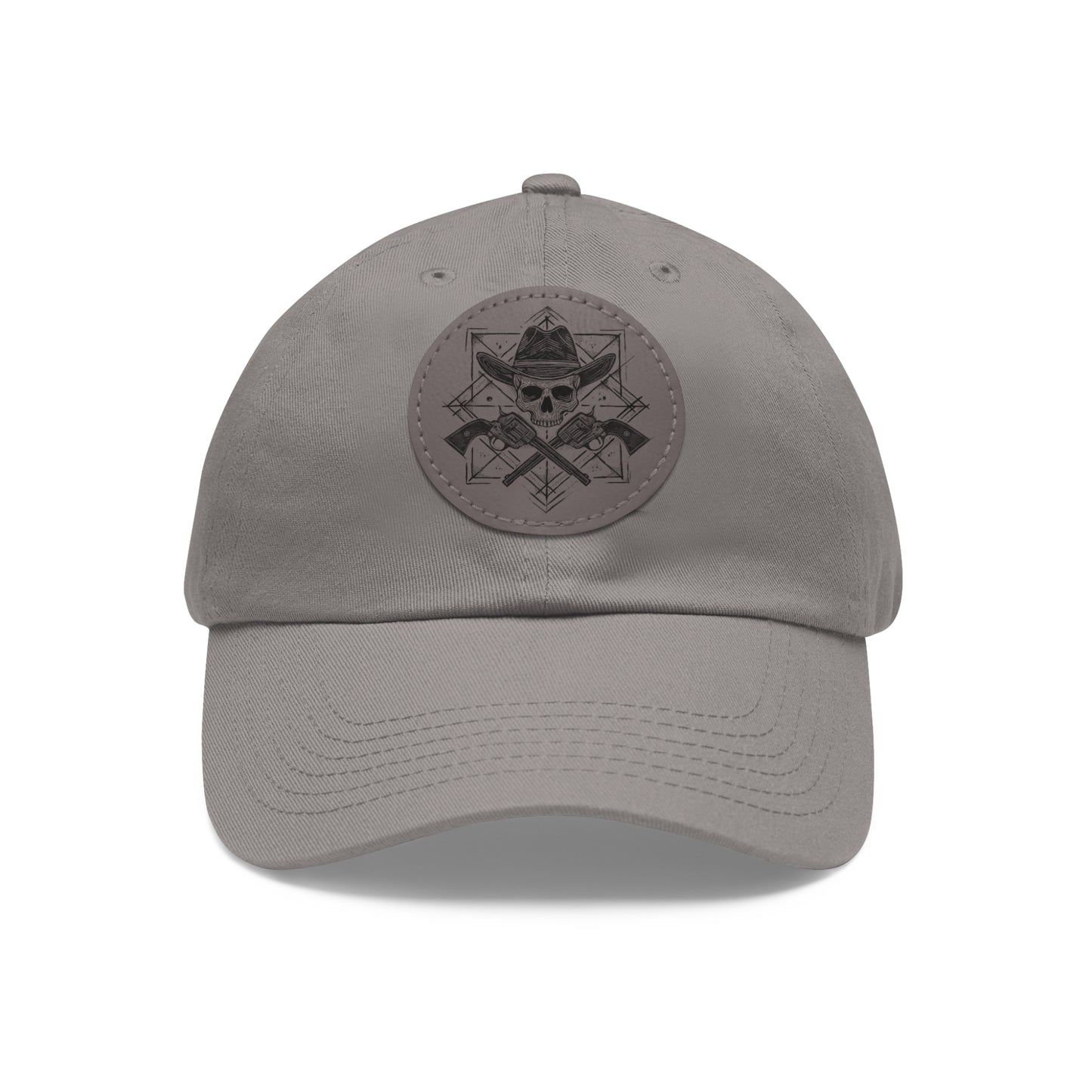 Front of cowboy skull cap by Kempain Family Outfitters showing design of the patch with skull wearing a cowboy hat and pistols crossed in a geometric illustration. 
