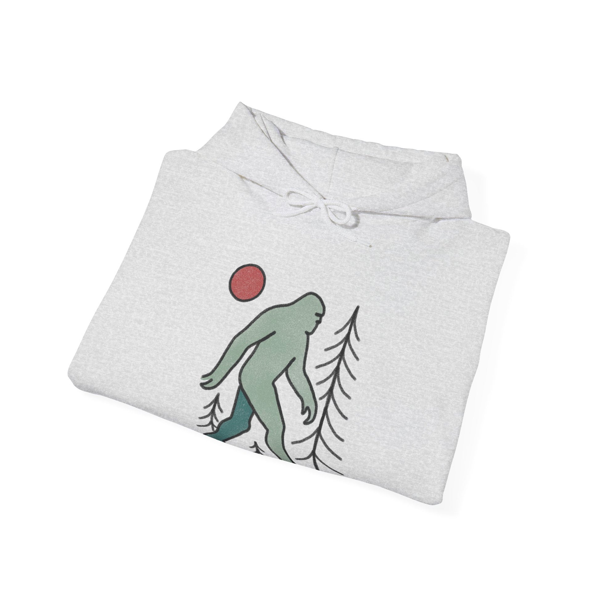 Ash gray Bigfoot hoodie with red moon and pine tree design, folded on a white background, customizable back text available.