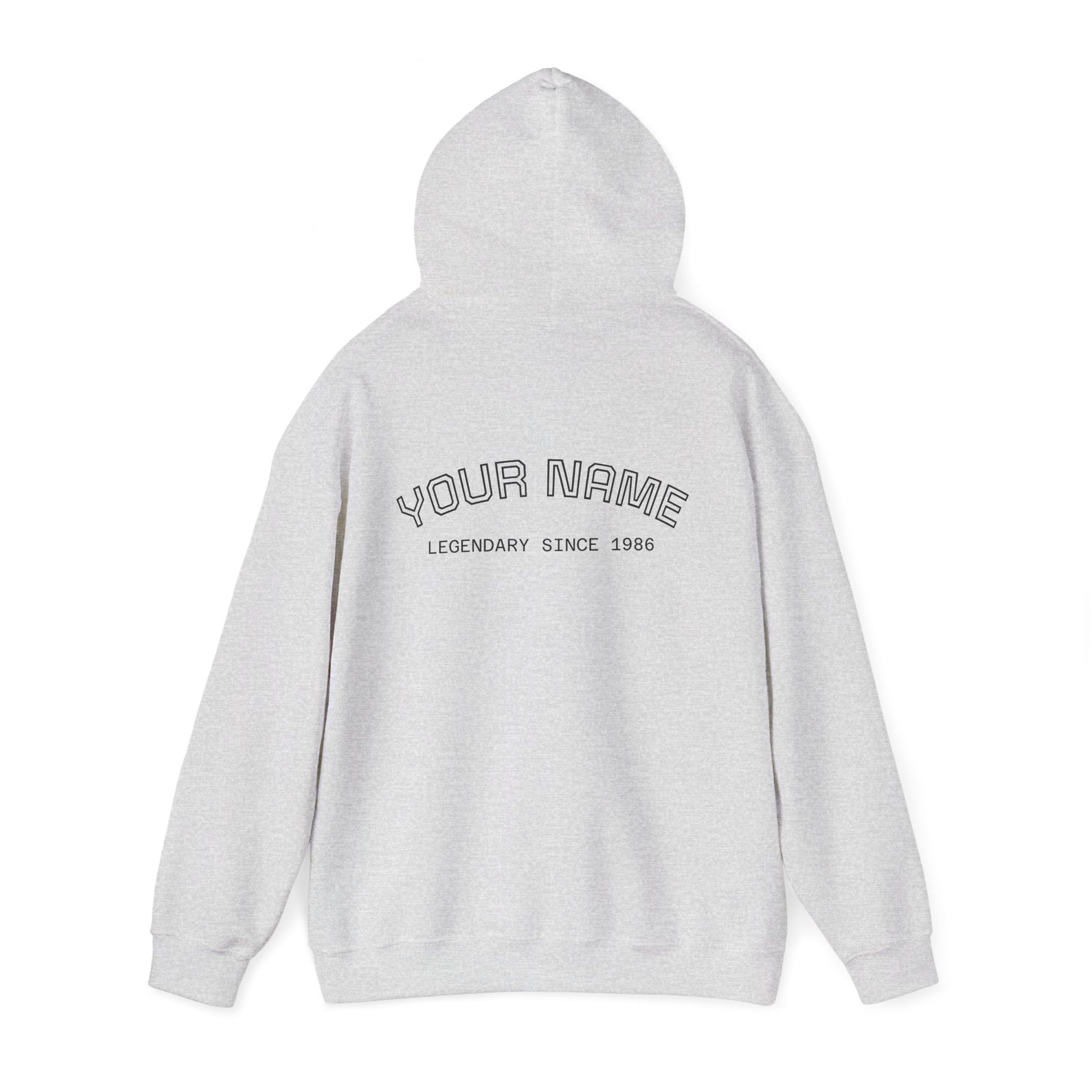 Back of Bigfoot Gray hoodie with 'Your Name Legendary Since 1986' text on a white background