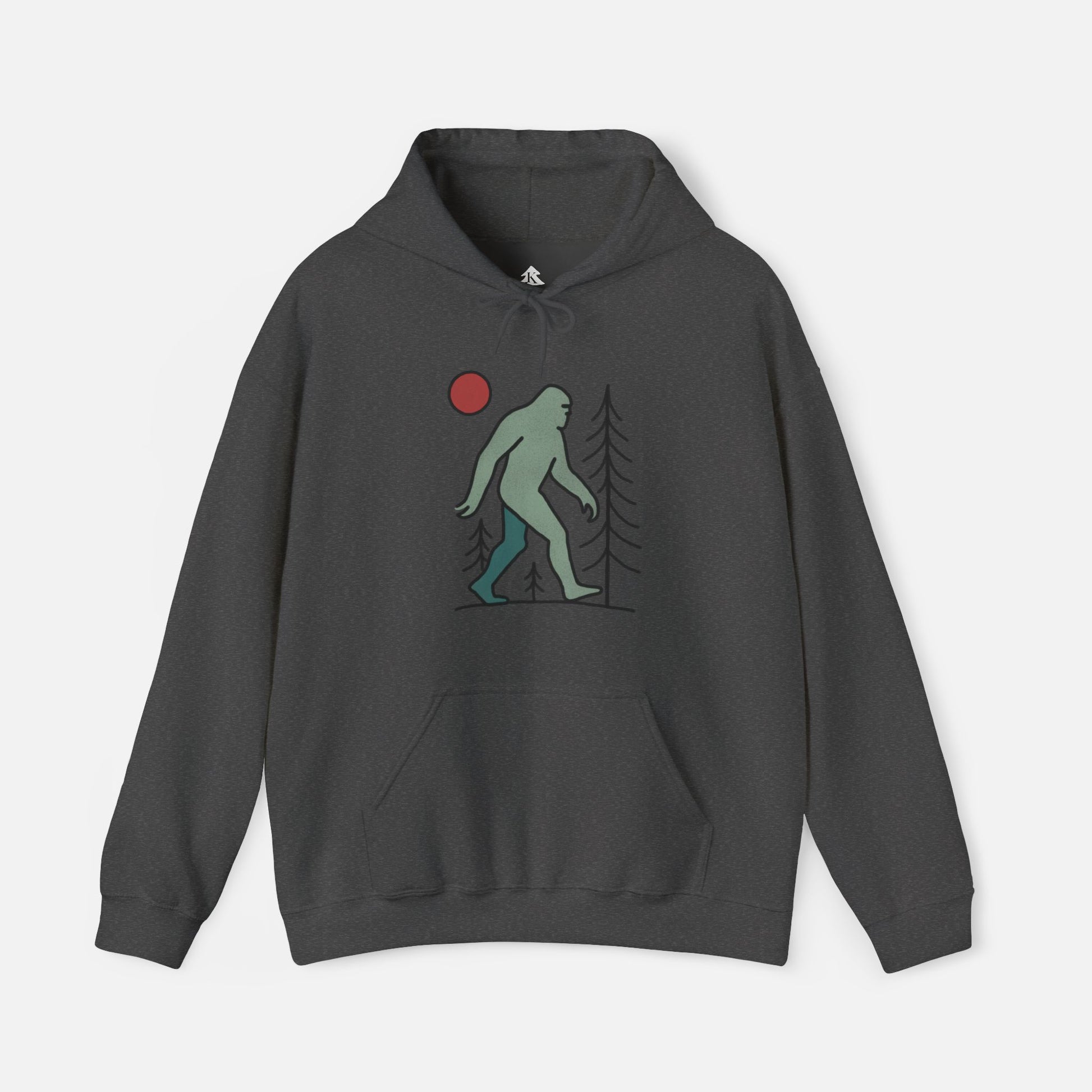 Front view of grey Bigfoot hoodie with red moon and pine tree design, on a white background, customizable back text available. 