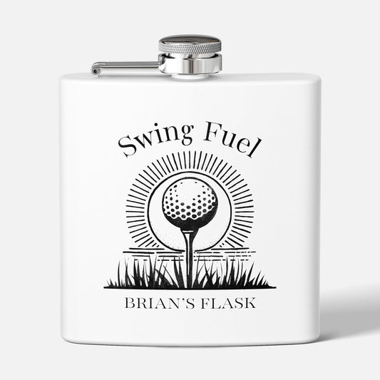 Front view of personalized stainless steel golf flask with “Swing Fuel” and geometric golf ball design from Kempain Family Outfitters