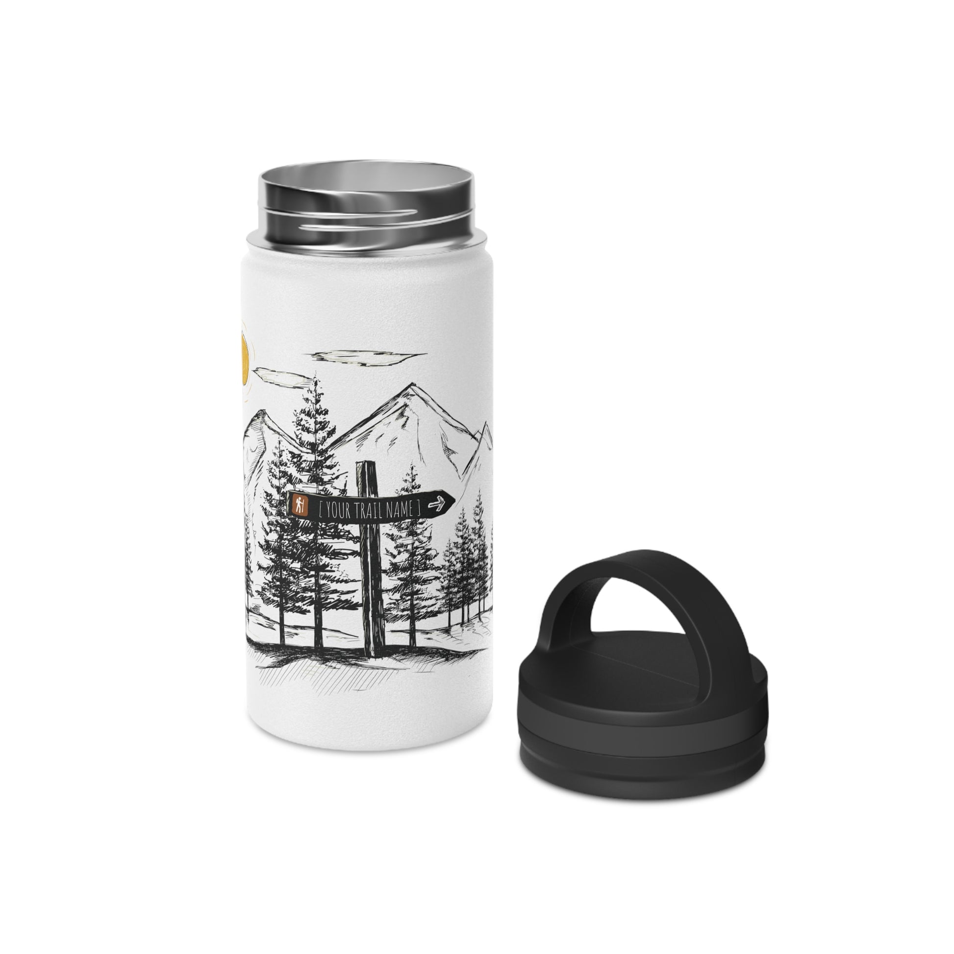12oz custom stainless steel water bottle for kids or light hiking, showing the placeholder "[ YOUR TRAIL NAME ]" on the signpost, lid off to side.